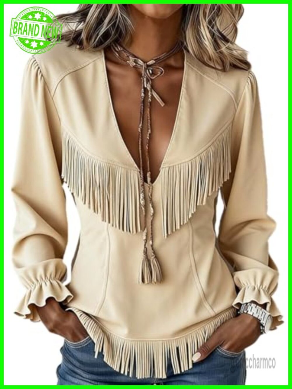 Faux Suede Fringe Top Deep V Long Sleeve Western Club Date Night Blouse